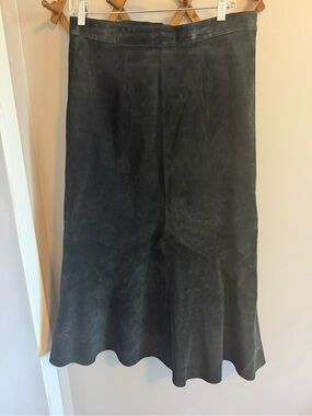Icelandic Design Black Genuine Leather Suede Panel Midi Flare Skirt Size 12